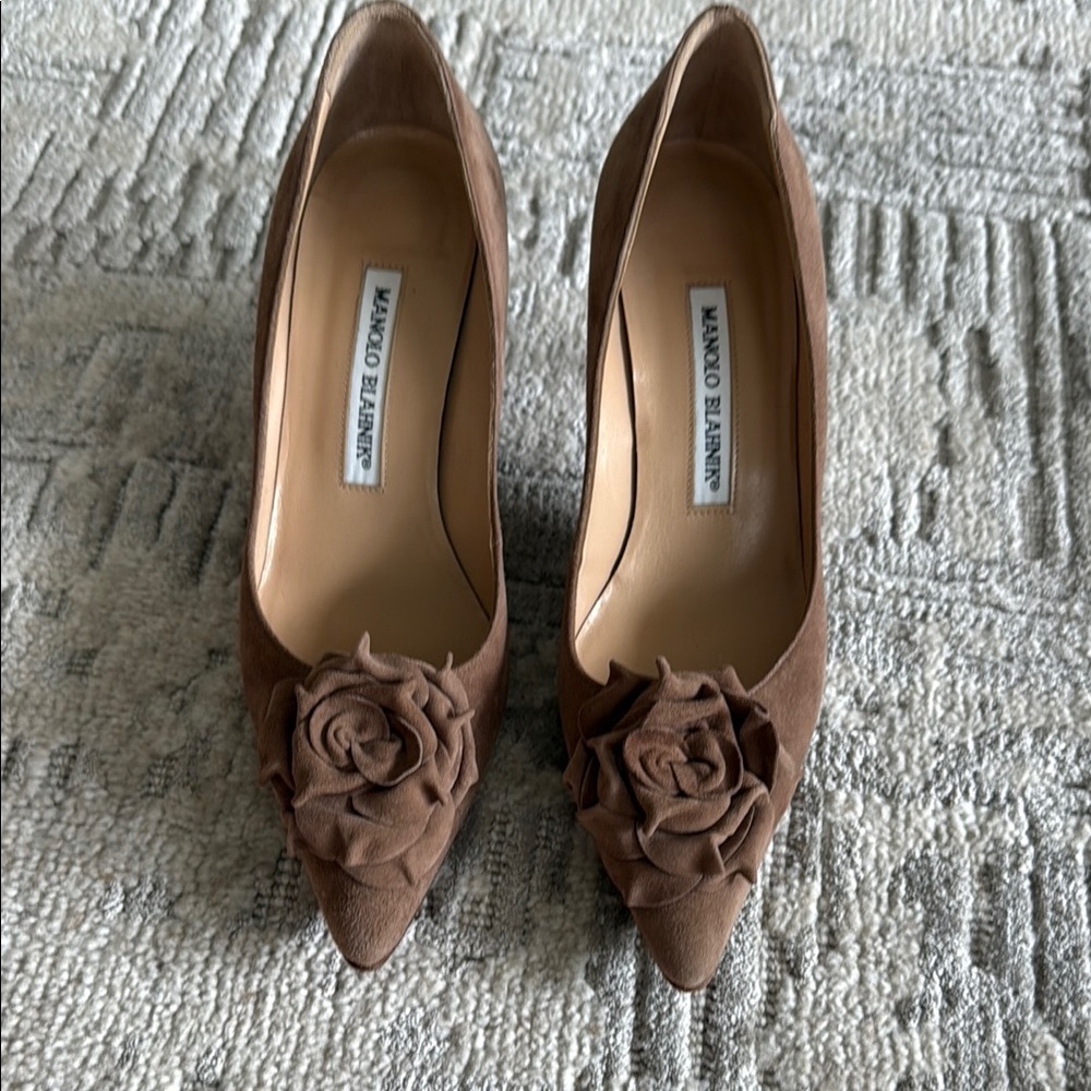 Manolo Blahnik Brown Suede Heels with Floral Detail